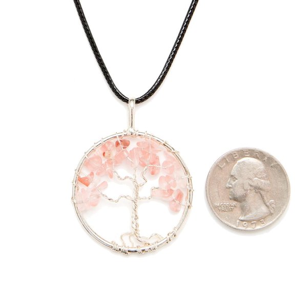Round Silver Pendant Wire Wrapped Rose Quartz Tree of Life Fashion Necklace - Picture 2 of 8